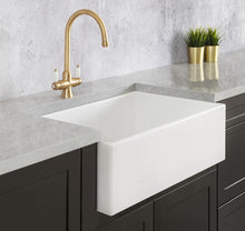 Load image into Gallery viewer, Mayfair butler sink with brushed brass Frejuis kitchen sink mixer
